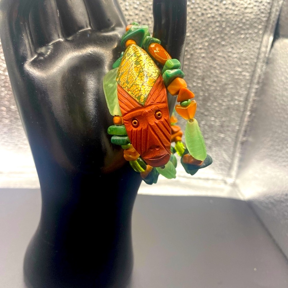Wrap Bracelet of Natural Stones Hand Carved Aztec Figure